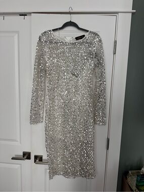 Sparkling Silver Sequin Long-Sleeve Party Dress